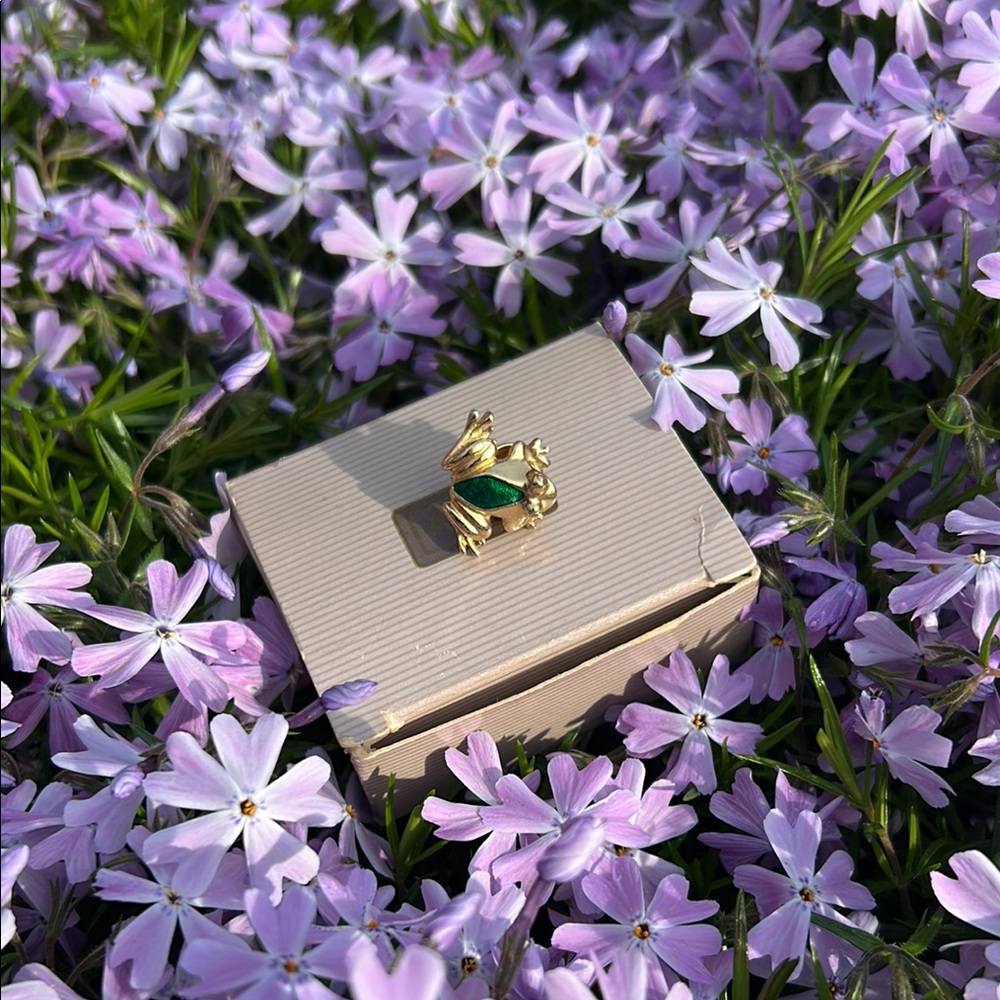 Vintage Avon Gold Frog Brooch Pin with Green Accents